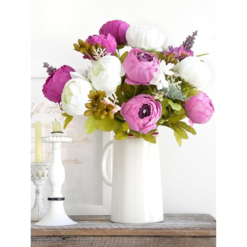 Image of FiveSeasonStuff Vintage Artificial Peonies Silk Peony Flowers and Hydrangeas for Wedding Bridal Home Decor - Beautiful Floral Centerpiece Arrangement with 2 Bouquets (Bloom Purple and White Mix)