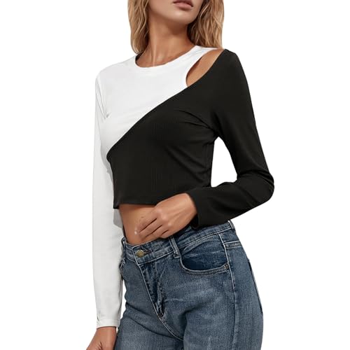 Generisch Camiseta de manga larga para mujer, hombros descubiertos, cuello redondo, corte hollow out, ajustado, sexy, bonita, camiseta de manga larga, informal, ropa urbana, color de contraste, Negro