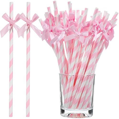 150 pitillos desechables de papel con moño rosa y blanco miniatura 1