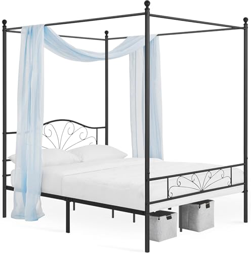 Image of Metal Queen Size Poster Bed Without Storage | Wrought Iron Canopy Poster Bed Queen Size with Headboard & Footboard | Cot Without Storage, Metal Furniture for, Living Room, (Design 1-Black)