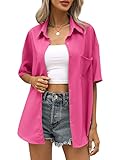 Genhoo Button Down Shirt for Womens Short Sleeve V Neck Oversized Shirt Button Down Blouse Top with Pocket Hot Pink