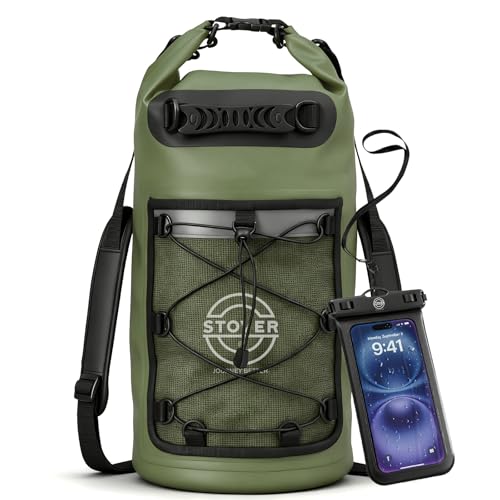 STOVER 5/10/25/30/40/55L Waterproof Dry Backpack & Phone Case- Large Floating Dry Bag for Kayaking, Travel, Hiking, Fishing, Camping, Motorcycles & Beach, Heavy-Duty Roll Top Men/Women (Green)