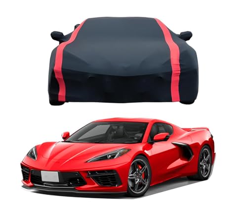 Car Cover Fit for C-orvette C8 Stingray Z51 Z06 E-Ray 2020-2025 Stretch Satin DustProof Protection Full Car Cover Compatible with Rear High Wing Spoiler C8 Accessories (Black Red Strip)