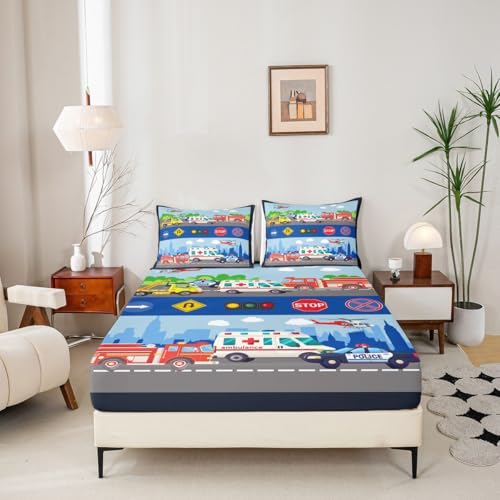 Parure de lit 4 pièces véhicules de sauvetage pour chambre enfant