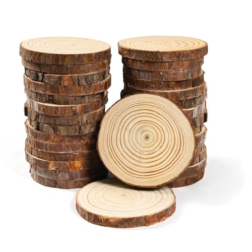 50 Pack Natural Wood Slices for DIY Crafts, Home Decor, 3.5-4 Inches | Unfinished Wood Circles with Bark Edge, Rustic Wood Rounds for Crafts, Coasters, Centerpieces & Home Decor