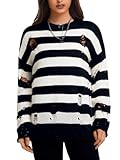ChiaoLezhee Women's Goth Ripped Sweaters, Oversized Long Sleeve Crewneck Striped Knit Pullover Sweater for Halloween,Y2K Vintage,Black and White Stripe,Medium