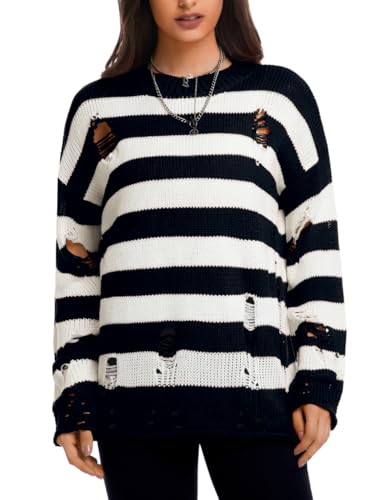ChiaoLezhee Women's Goth Ripped Sweaters, Oversized Long Sleeve Crewneck Striped Knit Pullover Sweater for Halloween,Y2K Vintage,Black and White Stripe,Medium