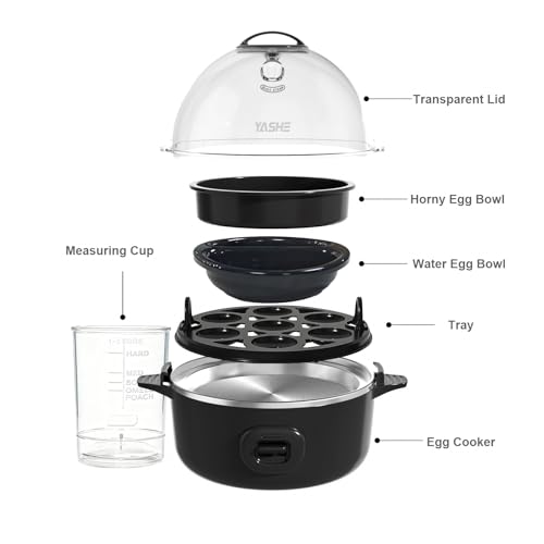 YASHE Rapid Egg Cooker, 7 Egg Capacity Electric Egg Boiler for Hard, Medium, Soft Boiled Eggs, Poacher, Poached Omelet Maker Egg with BPA Free Tray & Egg Bowl, Auto Shut Off, Musical Buzzer, Black - Image 5