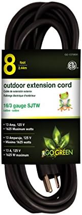 Go Green Power (GG-13708BK) 16/3 8’ SJTW Outdoor Extension Cord, Black, 8 Ft