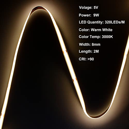 TTWAY USB COB LED Strips 2M, 5V LED Strip Lights with 320LEDs/M, CRI 90+, 8mm Width, LED Strips for TV Backlight Mirror - Image 2