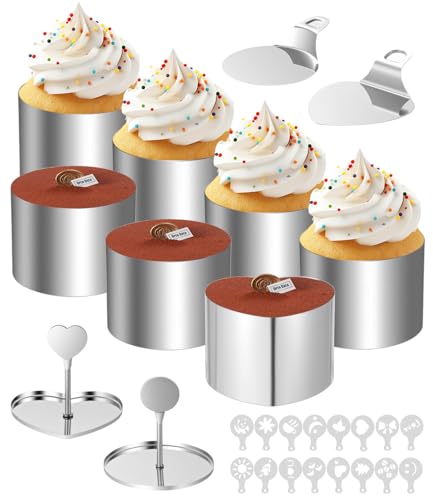 Hixava Pastel de Mousse Círculo Mousse Anillo Redonda Anillo para Cocinar Pastel con Cubierta Aros Reposteria Anillos para Tartas Mousse + Elevador Círculos y Corazones con 16 Plantillas