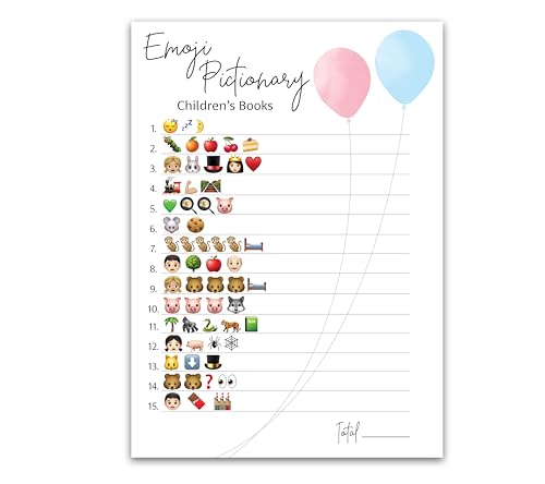 GENDER REVEAL Party Game â€” Pack of 25 â€” Balloons Pink or Blue Minimalist theme EMOJI Pictionary Children\'s Books Baby Shower Games Activities, Gender Neutral Co-Ed Couples Shower Activity G515-EMJ