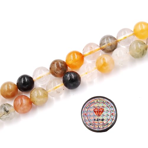 Malahill Natural Stone Beads for Jewelry Making Loose Beads with Stretch Cord for Bracelet Necklace Making A Mix Rutilated Quartz Beads 8mm
