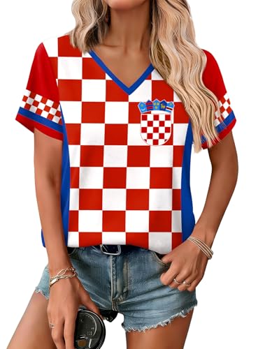 Damen T-Shirt Fußball Cup 2026 - Match Day Fan-Shirt - Kurzarm Grafik Oberteil Rot Weiß Karomuster Kroatien A1 L