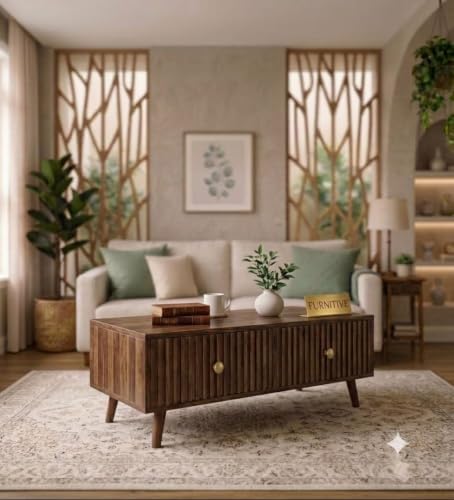 Image of Solid Sheesham Wood Coffee Table & Center Table for Living Room with Rattan Cane Lift-Down Shutter & Open Shelf, Solid Wooden Teapoy for Sofa with Storage | Tea Table (B-Walnut)