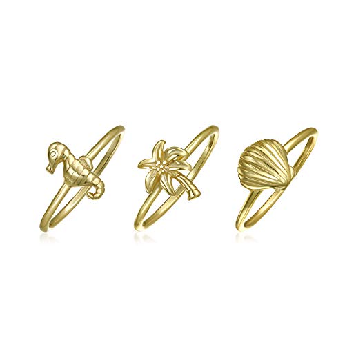 3 Juego Concha Caballito Mar Palmera 14K Chapado Oro Plata Esterlina Articulaci�n Midi Anillo Multiple M�ltiples Mujer