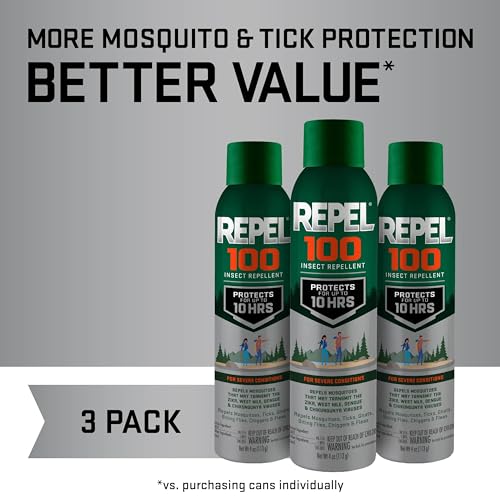 Image of Repel 100 Mosquito and Insect Repellent, 4 Ounces, 98% DEET 10-Hour Protection Long-Lasting Insect Repellent Aerosol Bug Spray Repels Mosquitoes, Ticks, Gnats, Biting Flies, Chiggers And Fleas, 3 Pack