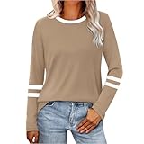 Womens Long Sleeve Shirts Color Block Casual Crewneck Tops Tshirt Basic Tee Fall Fashion Clothes Trendy Outfits Khaki