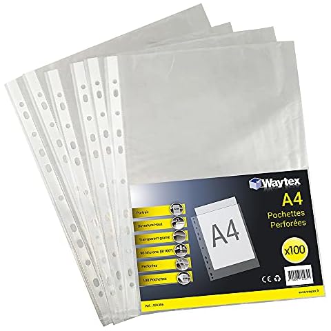 Waytex 931306 Punched Pockets A4 Grained Transparent 90 Microns - Pack of 100 Cover