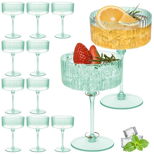 Set of 12 Plastic Martini Glasses, 10 oz Ribbed Coupe Glasses for Cocktails and Martinis, Disposable Espresso Martini Glasses. Ideal for Parties, Weddings, and Home Bars, Crystal Vintage Cups (Green) by Peseojiar - Used condition - US$16.92
