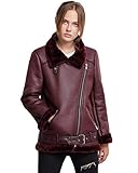 LY VAREY LIN Women's Faux Shearing Moto Jacket Thick Lined Parka Winter Shearling Coat Leather Jacket (L, Wine Red)