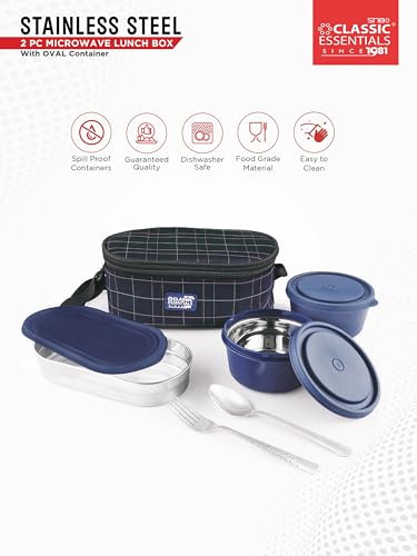 Image of CLASSIC ESSENTIALS Supreme All in One Lunch Box with Insulated Bag | Microwave Safe Containers with Steel Inner | Leak Resistant (Without Bottle, Blue, 2 Container)