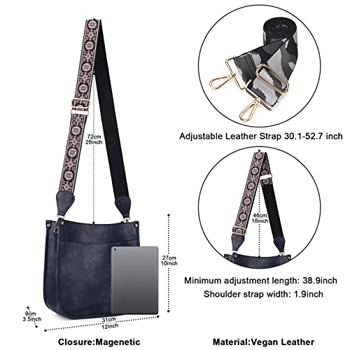 HKCLUF Crossbody Bags for Women Trendy Vegan Leather Hobo Handbags With 2 Adjustable Guitar Strap Crossbody Shoulder Purse For Women(Blue Black)