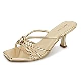 LOOPCHARM Women's Strappy Square Open Toe Kitten Heels Sandals Knotted Design Summer Fashion Slip On Mule Style,GOLD PU,8.5