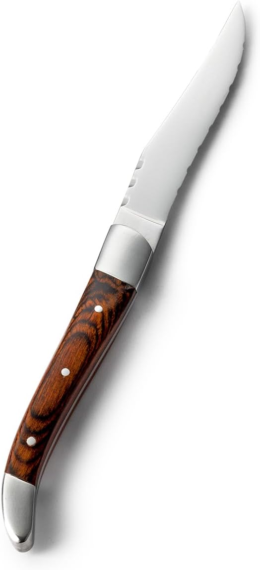 Bon Chef Laguiole Steak Knife Set 12-Piece Stainless Steel Steak Knives with Red Wood Handle, Durable & Elegant Design