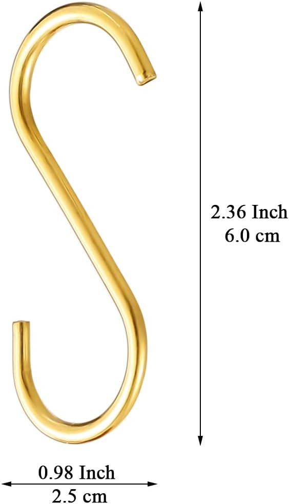 Evanda Gold S Hooks for Hanging Pack of 30, Heavy Duty Stainless Steel Titainium Plating Metal Mutil Purpose Hanger for Kitchen Pans, Pots, Utensils Tooks, Cups, Mugs, Clothes, Bags, Towels, Plants