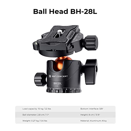 K&F CONCEPT 73 inch /186cm Camera Tripod,Transverse Center Column Aluminium DSLR Tripod with 360 Degree Ball Head 10kg Load Capacity,Quick Release Plate,Detachable Monopod T255A3+BH-28L by K&F CONCEPT - Image 5