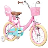 Glerc Maggie 子供用自転車 女の子用 キッズバイク 幼児乗り練習 花柄 かご付き 補助輪付き こども三輪 ぬいぐるみ座席付き vブレーキ 4～7歳 16インチ 青 水色 ピンク＆ブルー