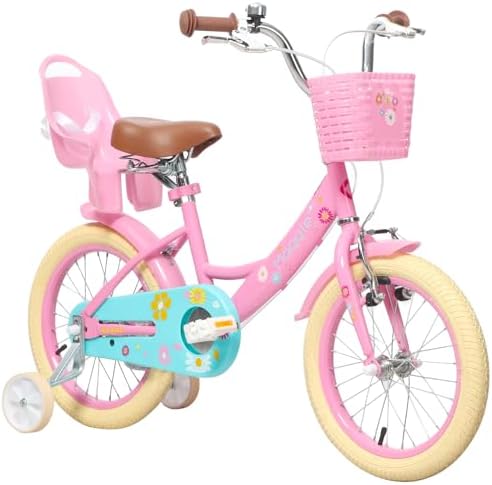 Glerc Kids Girls Pink Bike with Basket for 2-7 Years Old Kids, 12 14 16 Inch with Bell and Stabilisers