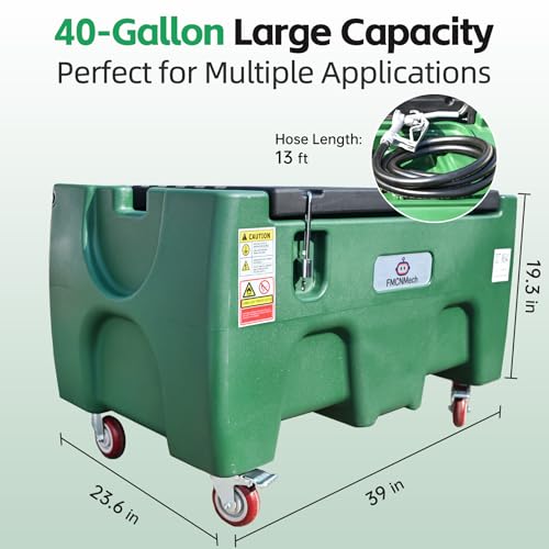 Image of FMCNMech 40 Gallon Portable Fuel Transfer Tank with 12V Electric Pump, 3.7 GPM Flow Rate LLDPE Fuel Tank with Wheels, Gasoline Diesel Kerosene Fuel Storage Tank for Farm, Truck, Boat, and Construction Use