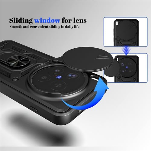 Image of Casodon Heavy Duty Back Case Cover for Vivo X300 Pro 5G, Shockproof Vivo X300 Pro Back Cover, Ring Case with Kickstand and Camera Protection Shutter - Black