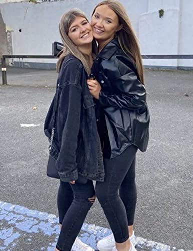 Women's Button Front Pu Leather Jackets Faux Leather Blazer Casual Long Sleeve Oversized Coats With Pockets(Black-M) #TOP4
