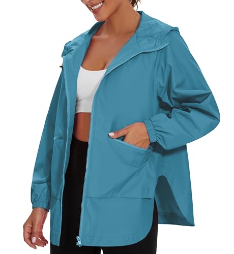 PESION Women Lgt Blue Waterproof Lightweight Rain Jacket Active Outdoor Hooded Raincoat, Peacock Blue, Medium