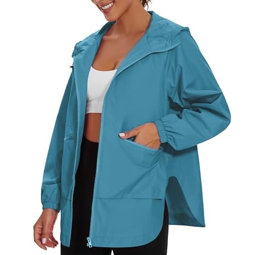 PESION Womens Waterproof Raincoat Lightweight Rain Jacket Trench Coat Hooded Windbreaker With Pockets for Outdoor Peacock Blue XX-Large