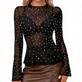 Sunshine smile Haut à paillettes pour femme, haut en maille transparente, haut en maille noire, haut transparent avec étoiles, chemisier sexy à manches longues pour le carnaval, c, M