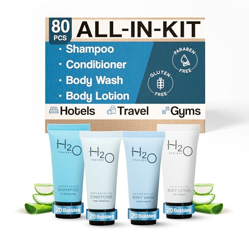 Terra Pure H2O Therapy Hotel Soaps & Toiletries Bulk Set | 1-Shoppe Amenities Kit | 0.85oz Shampoo & Conditioner, Body Wash, Lotion | Travel Size | 80 Pieces