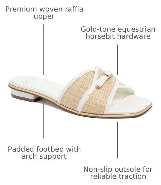 Jones New York Women's Raffia Slide Sandal - Woven Horsebit Buckle Mule with Gold Hardware and Square Toe - Vivera White Natural - Size 7.5 by Jones New York - Used condition - Image 3