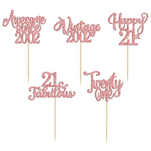 30Pcs Vintage 2002 Cupcake Toppers Glitter Twenty-One 21 Fabulous Happy 21St Birthday Cupcake Picks Cheers To 21 Years For 21St Birthday Anniversary Party Cake Decorations Supplies Rose Gold #TOP6