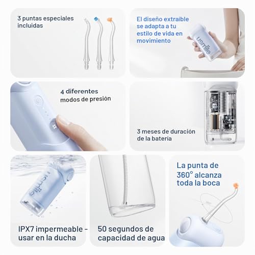 Miniatura 8 de Usmile Irrigador Bucal Portátil C10 95 Días De Duración De La Batería, 4 Modos De Limpieza, Depósito De 180 Ml, Ipx7 Resistente Al Agua, Ideal Para Viajes, Aparatos Ortopédicos, Implantes Y Encías