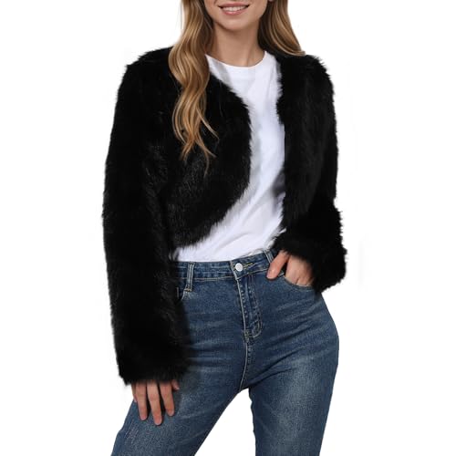 Syrads Abrigo de Piel SintéTica para Mujer Chaqueta Corta Chaqueta de Invierno para Exteriores,Negro L