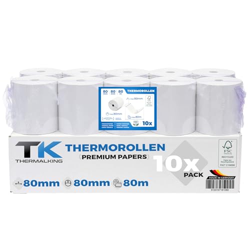 THERMALKING Thermorollen 80mm x 80mm x 12mm [für Bondrucker wie Epson, IBM & co.] - Bonrollen 80x80x12 Thermo - Kassenrollen Thermopapier - Geeignet für Drucksysteme mit Papierbedarf bis 80m (10 Stk)