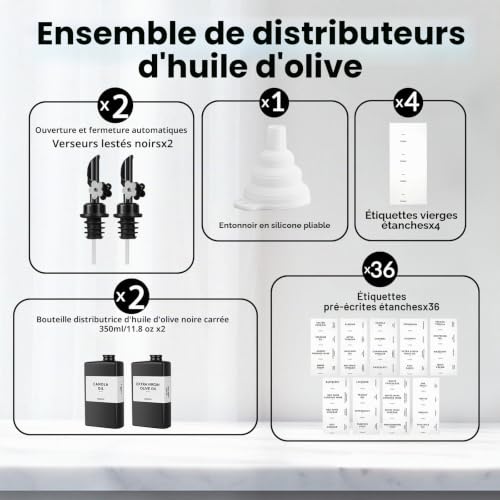 Skleptix Lot de 2 distributeurs carrés en verre pour huile, bouteille noire de cuisine pour huile d'olive avec bec verseur auto-ouverture en forme de prune, ensemble distributeur d'huile et de – vue 2