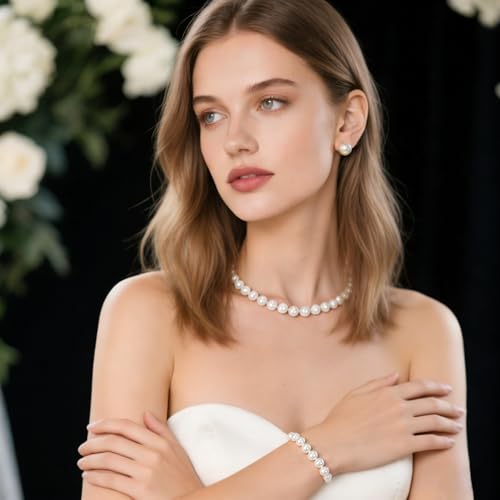 Todenb Bridal Jewelry Set for Wedding,Bride Crystal Pearl Necklace Earrings Set Fashion Pearl Necklace Bracelet Earrings Set Prom Costume Jewelry Set for Brides Bridesmaid by Todenb - Used condition - Image 5