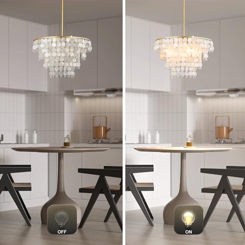 PUUPA Natural Capiz Shell Chandelier, Coastal Modern Chandelier, Hanging Round Layered Pendant Lighting(4 Light, Gold) - Image 5