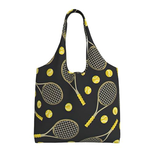 SDFHU Divertidas raquetas de tenis y pelotas de tenis estampadas, bolsa de lona estética para mujeres, profesores, bolsa de compras para el día de la madre, Negro -, Talla única