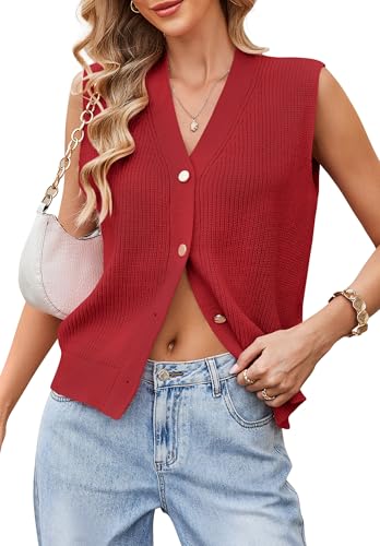 Image of Womens Button-Front Sweater Vest Top V Neck Sleeveless Knit Tank Fitted Halter Raceback Cardigan Vest